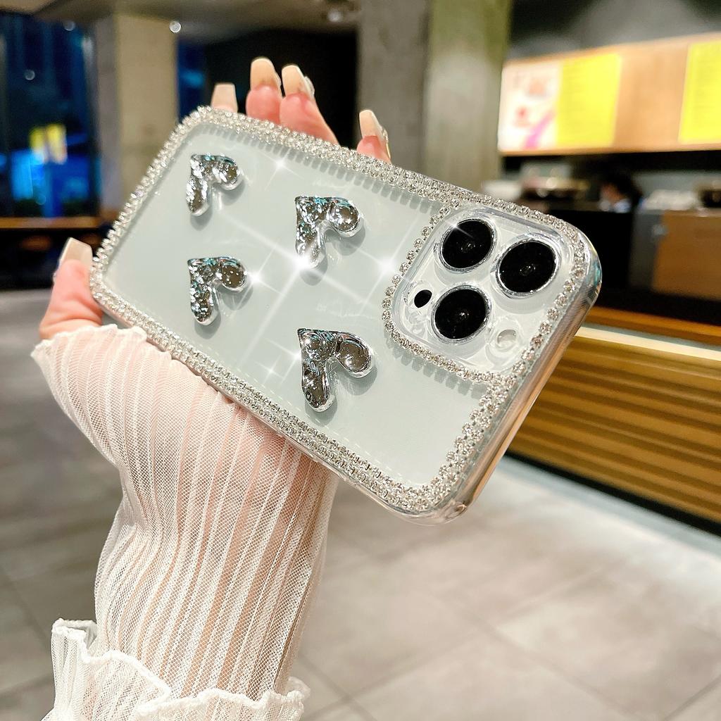 For iPhone 16 Pro Case Rhinestone Edge Electroplating Heart Shape Decor Soft TPU Phone Back Cover