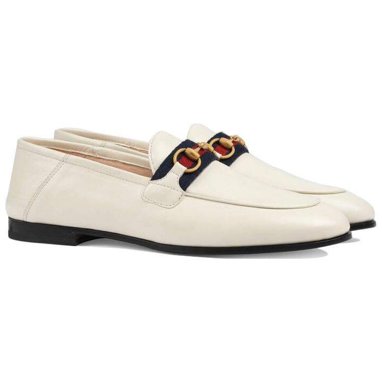 Gucci Slip On Loafer With Web White Leather Women's 631619 CQXM0 9065