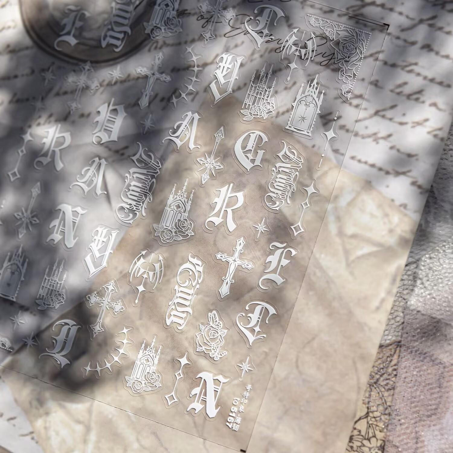 

Thin Tough Nail Art Black White Gold Silver Retro Dark Punk Cross Gothic Letter Nail Sticker Black Gothic Impression 2026