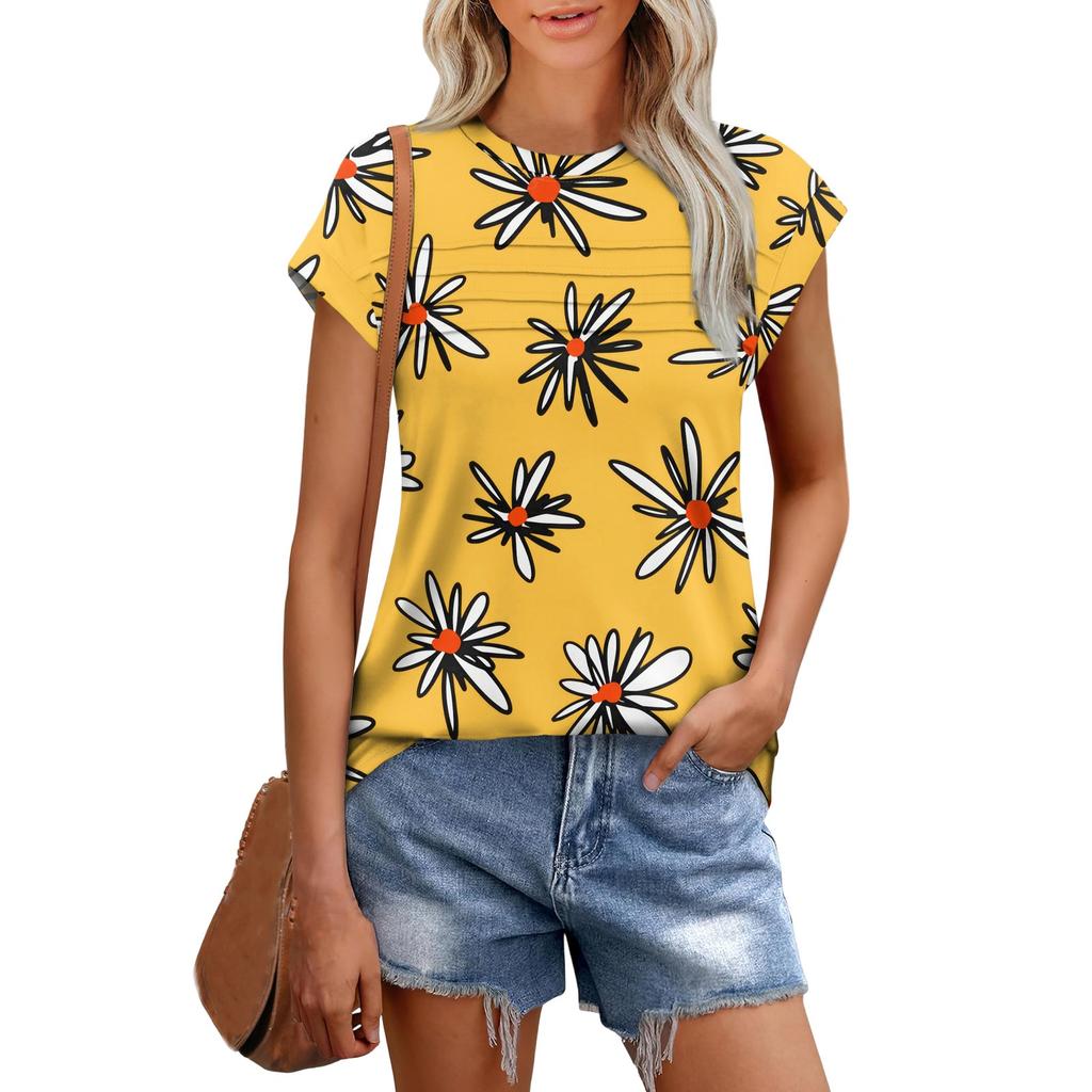 Damenmode Lässig Kurzarm Basic Textur Floral Rundhals T-Shirt Kappenärmel Top