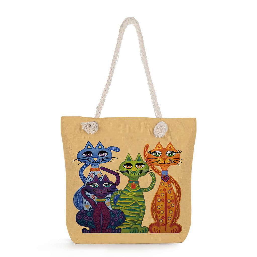 Cartoon cat print thick rope single-shoulder beach bag 7252