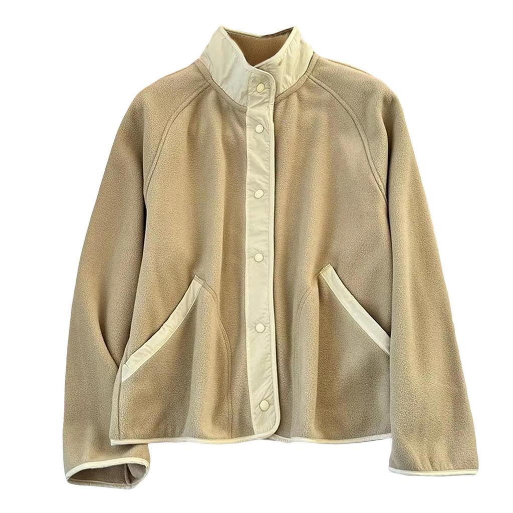 Women's Casual Patchwork Stand-collar Solid-color Long-sleeve Coat