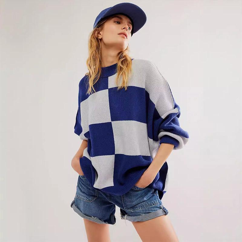 Повседневный свободный клетчатый вязаный пуловер для осени/зимы — фото 14