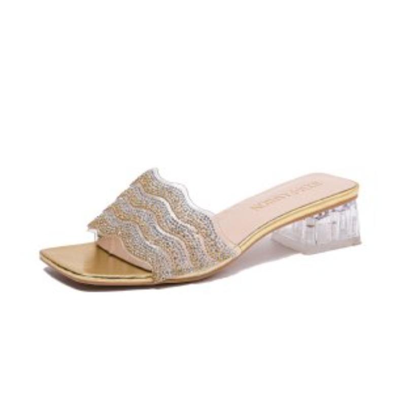 Fashion Plus Size 2025 Summer Modern Women's Open Toe Slippers Elegant Square Toe Rhinestones Med Heel Sandals Fashion Dress Slippers