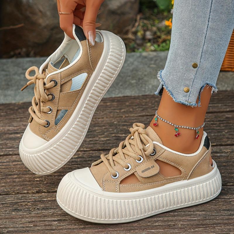 Women'S Chunky Platform Sneakers - Breathable Cut-Out Design, White Low-Top Lace-Up Shoes with Transparent PVC Sole, Comfortable All-Day Wear