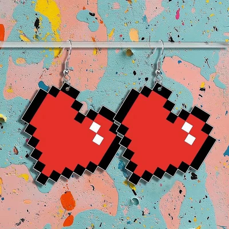 Retro game pixel art design love earrings flat acrylic Valentine's Day atmosphere decorative earrings