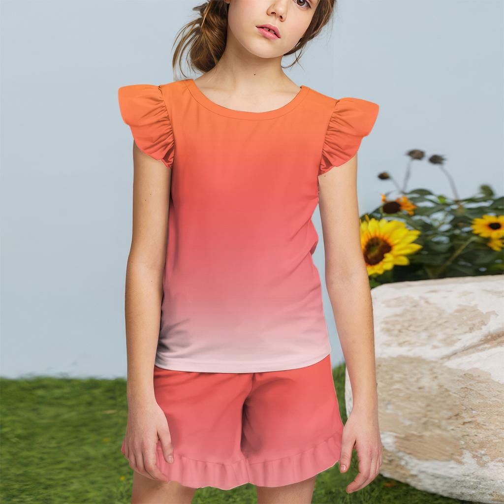 Summer Girls Cute Suit Flying Sleeves T-shirt Top + Ruffled Shorts Daily Outdoor Wear Cute Casual Fashion 2-Piece Set