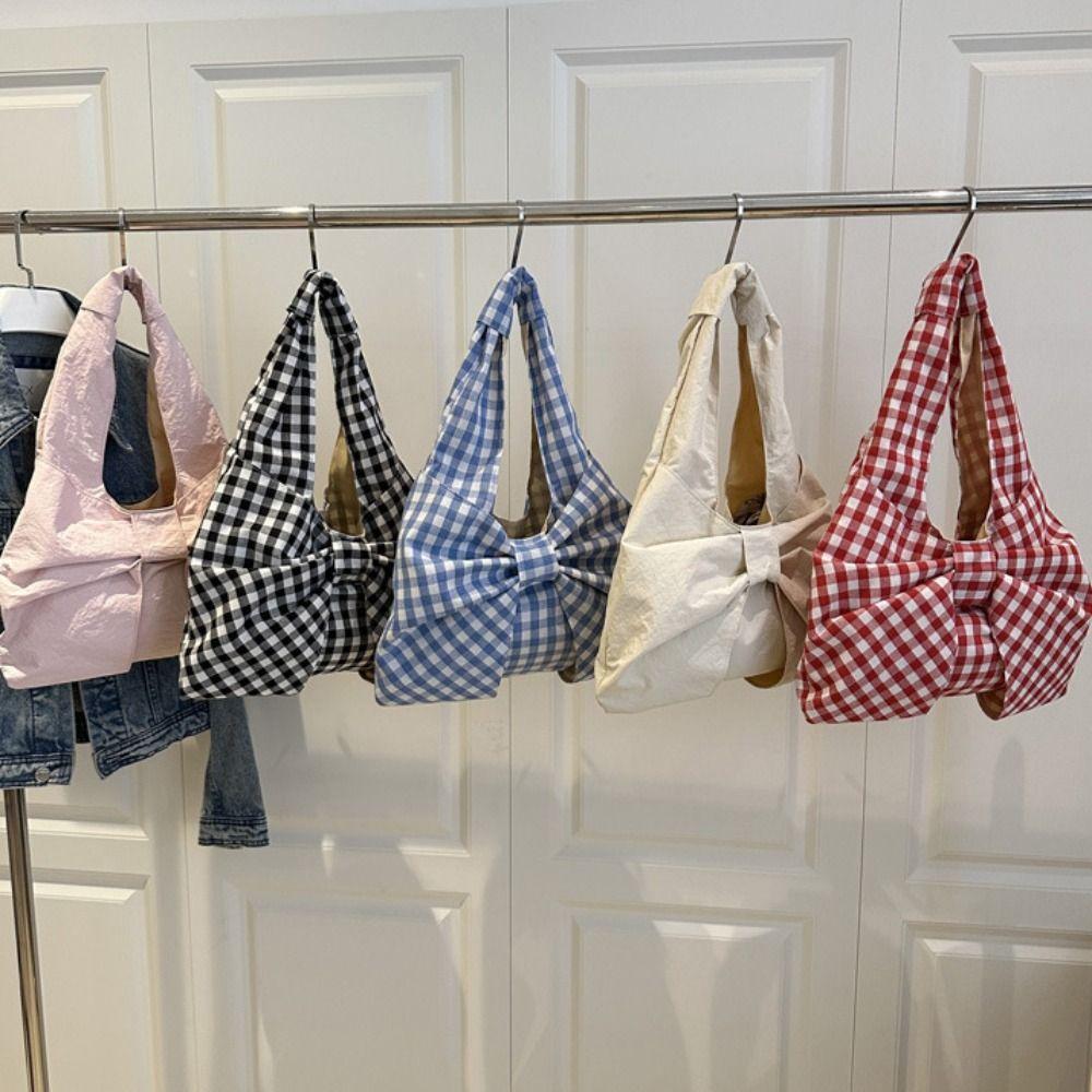 Bowknot Bow Shoulder Bag Large Capacity Plaid Tote Bag Simple Handbag Travel