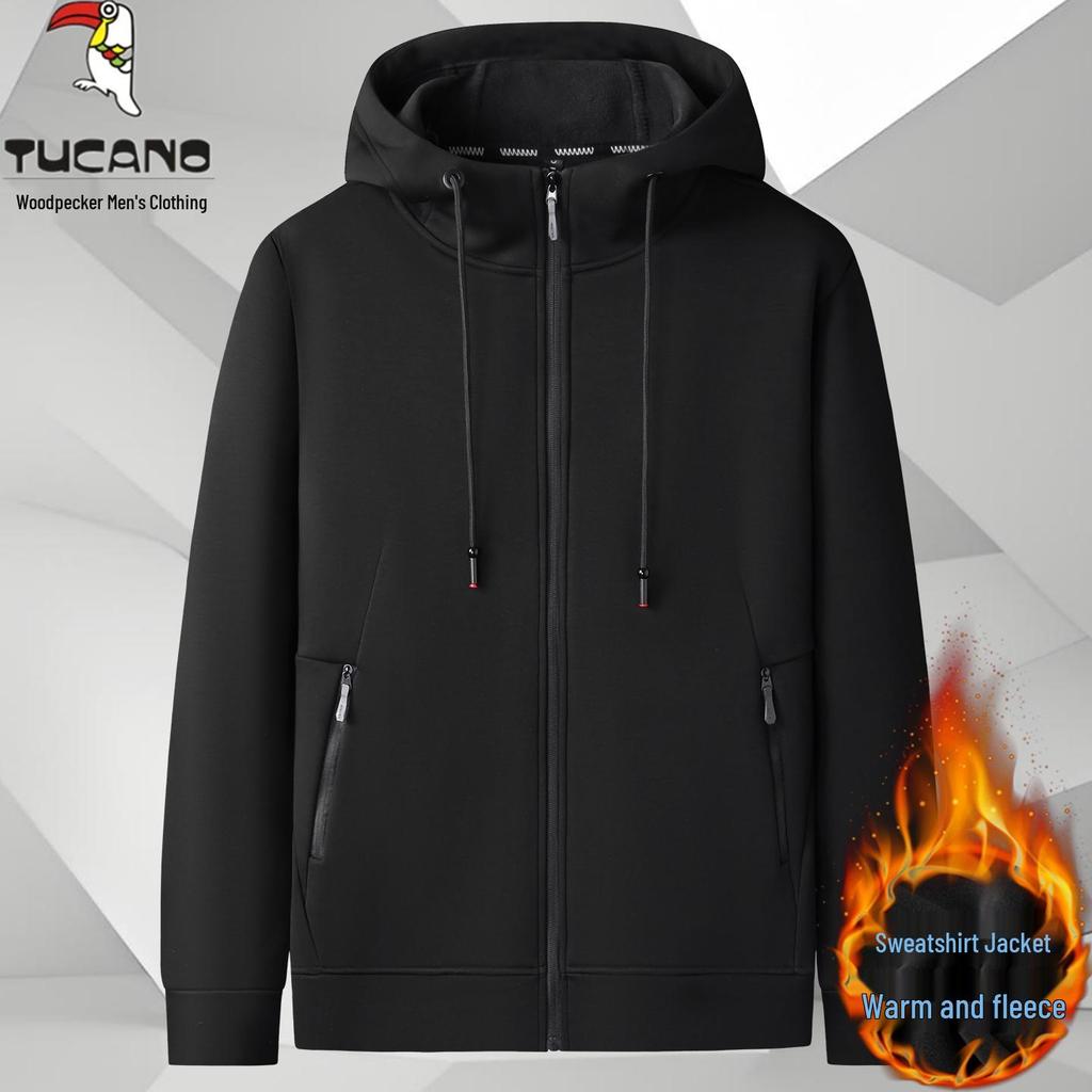 Men's Woodpecker Plus Red Knit Velvet Hoodie Jacket - Plus Size, Thin Fleece, Autumn/Winter Sports Cardigan