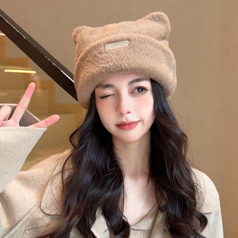 Bear Ears Knitted Cap Fluffy Winter Plush Hat Leisure Cat Ears Hat  Female/Girls
