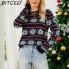 BITCED O-Neck Christmas Red Knit Sweater Christmas Outfit Long-Sleeve Snowflake Patterned Sweater