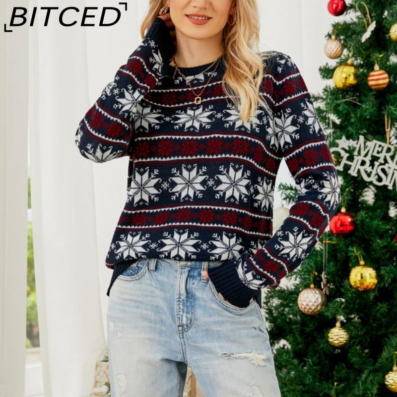 BITCED O-Neck Christmas Red Knit Sweater Christmas Outfit Long-Sleeve Snowflake Patterned Sweater