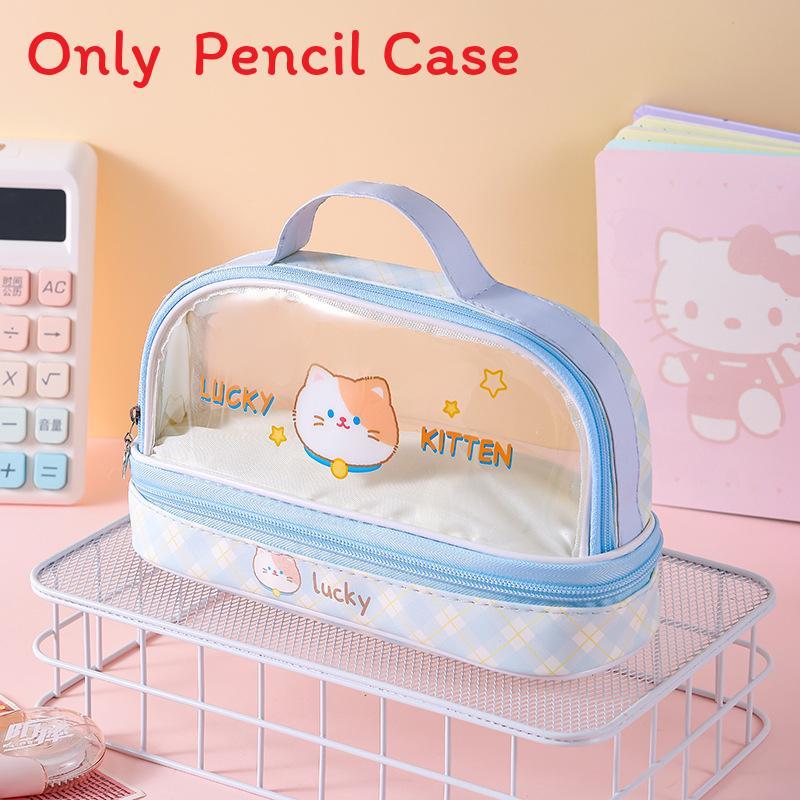 Cartoon Bunny Double Layer Transparent Pen Case With Storage For Students And Gift Use