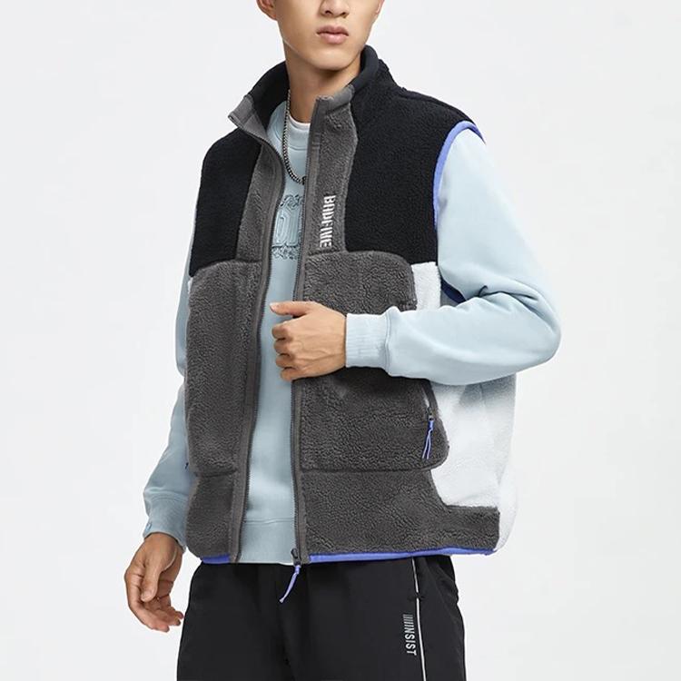 Li Ning Bad Five Color Block Fleece Warm Loose Stand Collar Vest Men vest Gray AMDR045-4
