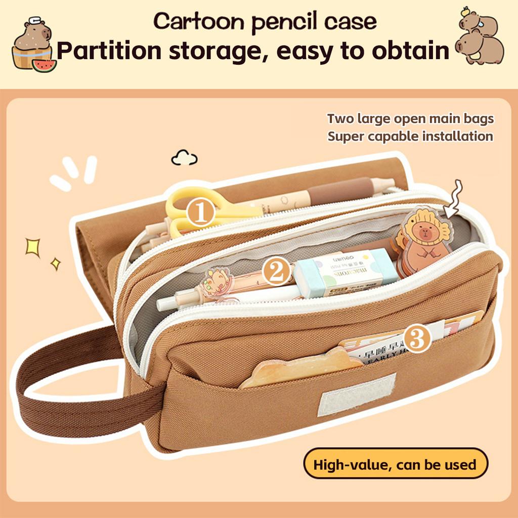 Cute Capybara Cartoon Pen Pouch Large Capacity Hand Carry Pencil Case School Student Organizer Bag