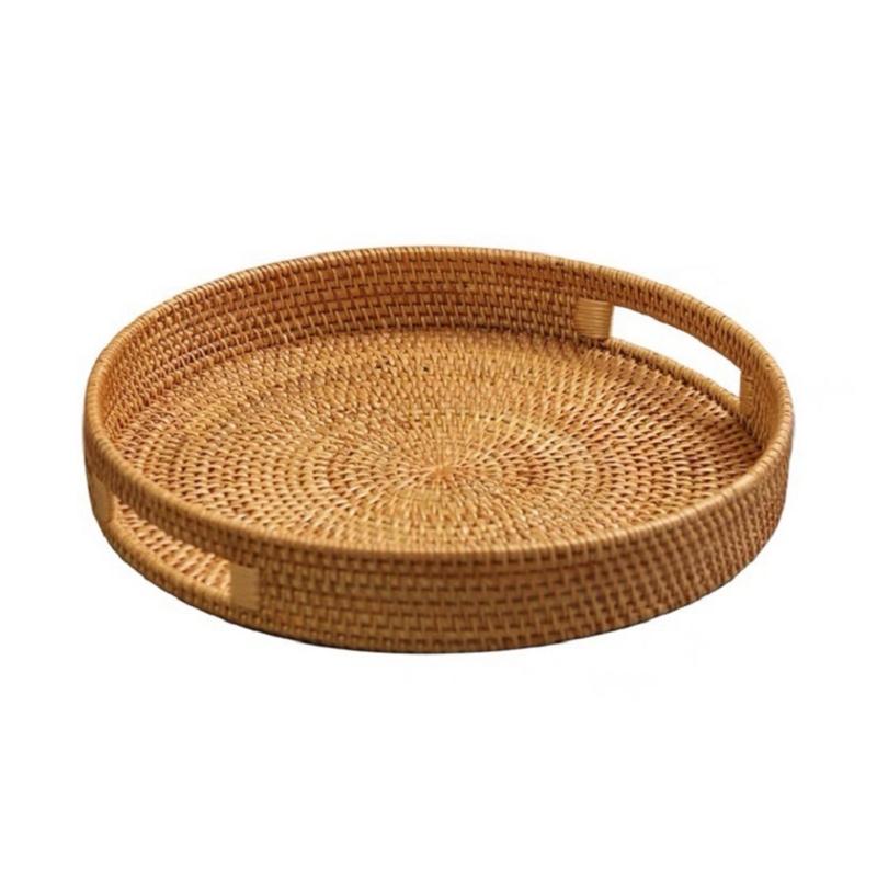 Multipurpose Handcrafted Fruit Rattan Tray Round Wicker Designs with Convenient Handles Convenient for Kitchen Use