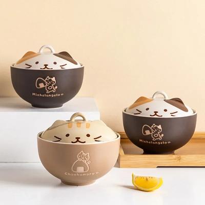 Ceramiczna Miska na Zupę Urocze Zwierzątka z Kreskówki z Pokrywką Kot Domowa Miska na Zupki Instant Miska na Ryż Naczynia Japońskie Kreatywne