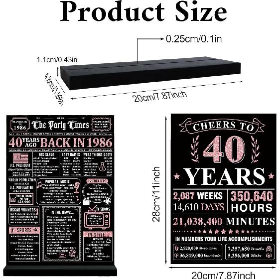 Trgowaul 40th Birthday Decorations Women Men, Black Pink Back in 1986 Birthday Poster Acrylic Table Sign with Stand, 40th Anniversary Decor Gifts for