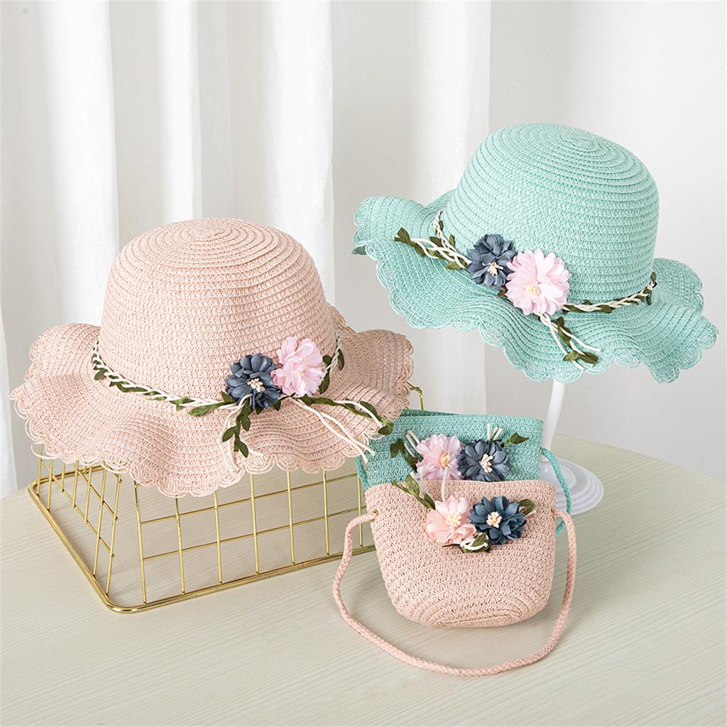 New Summer Kids Flower Caps Bag Girl Sandy Beach Hat Baby Coin Cute Weave Straw Purse Children's Messenger Backpack