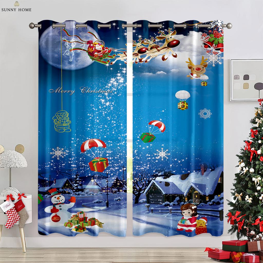 Snowflake Pattern Ball Christmas Holiday Tree 3D Pattern Print Window Curtains Bedroom Space Restaurant Christmas Holiday Gathering Decorative