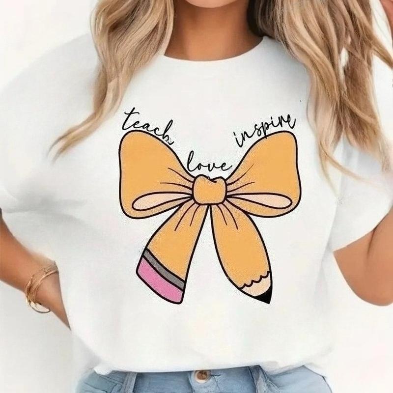Cute cartoon pencil bow print Tshirt casual round neck short sleeved versatile Womens Tshirt
