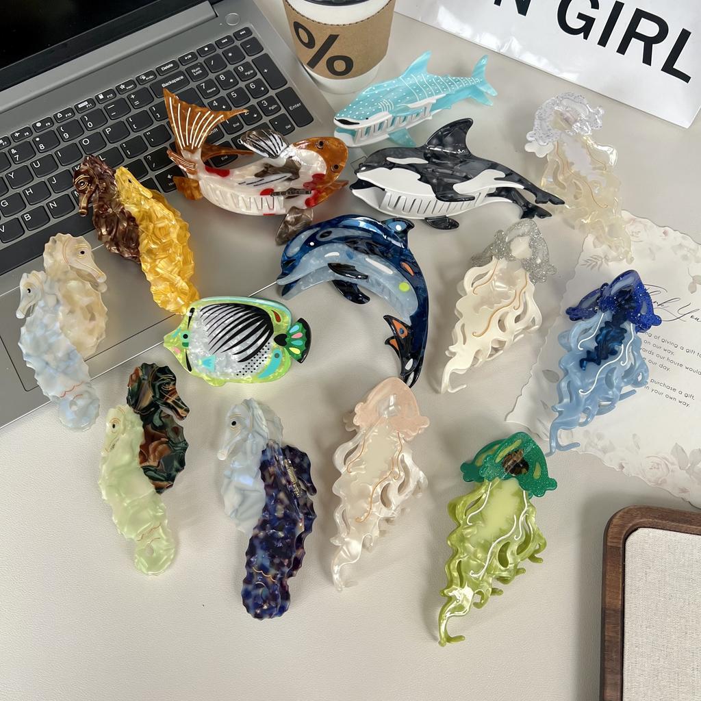 New Ocean Series Acetate Hair Clips Featuring Dolphins Whales And Jellyfish Large Hair Additions for The Back of The Head