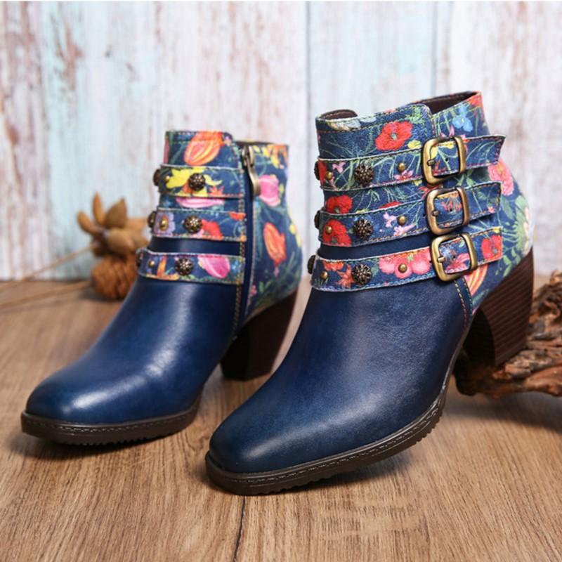 

Johnature Handmade Genuine Leather Printed Short Boots Fashion Belt Buckle Women s High Heels shoes
