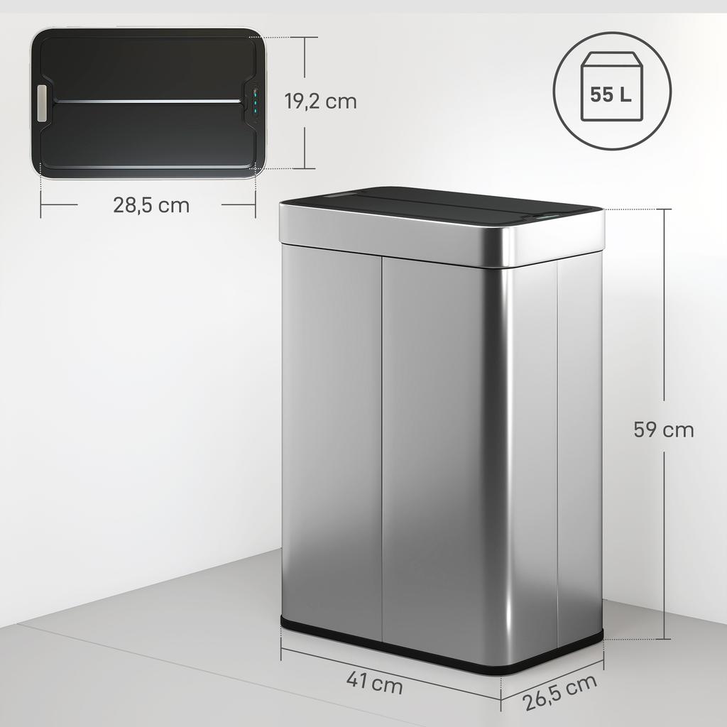 55L Sensor Bin, Large Automatic Touchless Rubbish Bin with Soft-Close Lid, Silver Tone