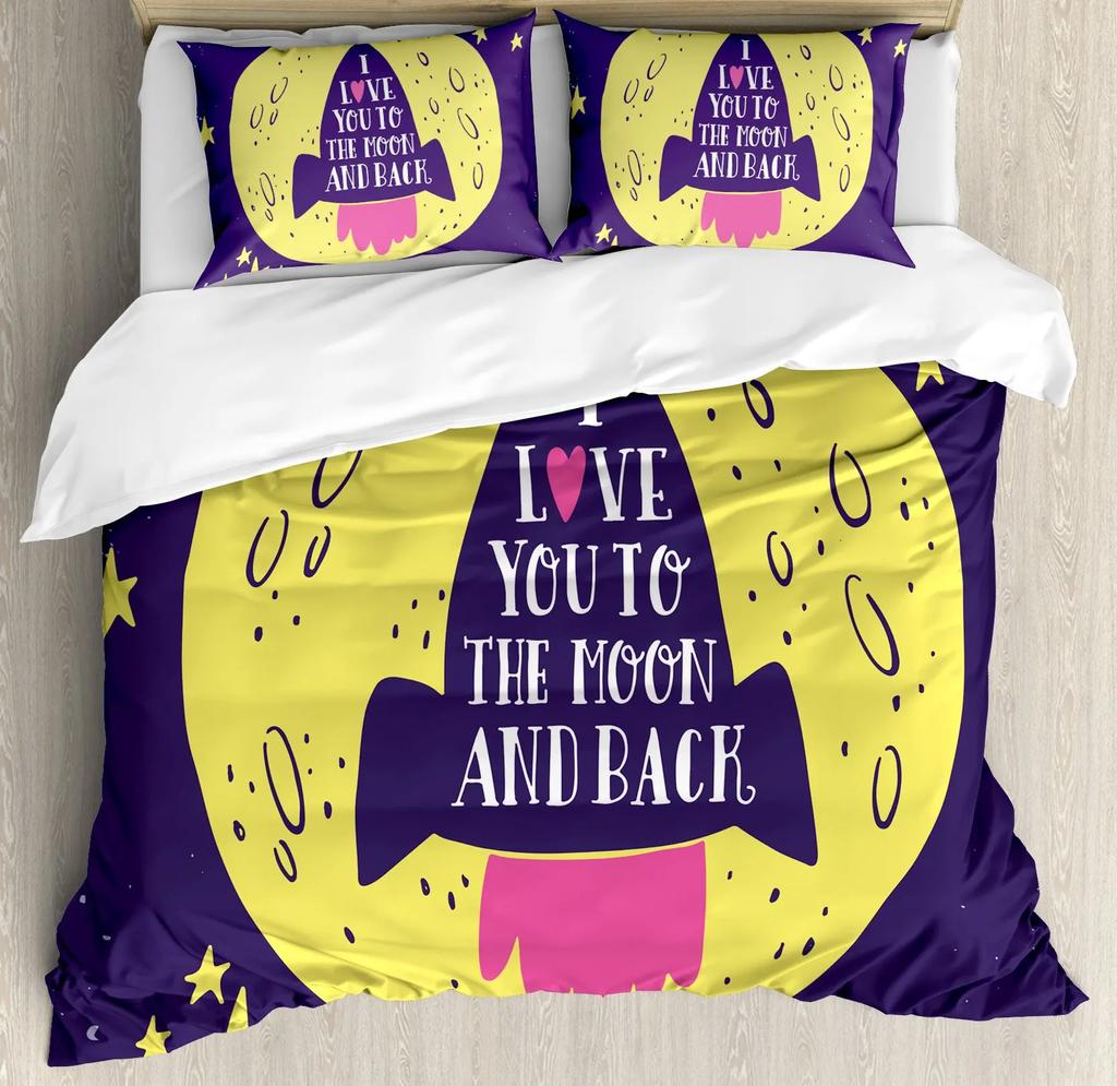 I Love You Duvet Cover Hand Drawn I Love You To The Moon and Back Words with Stars Celebration King Size Polyester Bedding Set