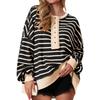 Women's Fashion Striped Round Neck Long Sleeve Button Top Color Blocked  Pullover Sweatshirt Top
