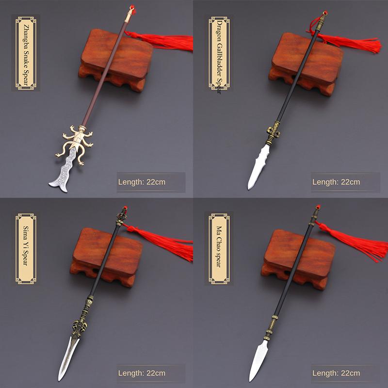 22cm Gold Spear Full Metal Lance Ancient Cold Weapon Model Ornament Toys for Men Boy Child Replica Miniatures With Fringe