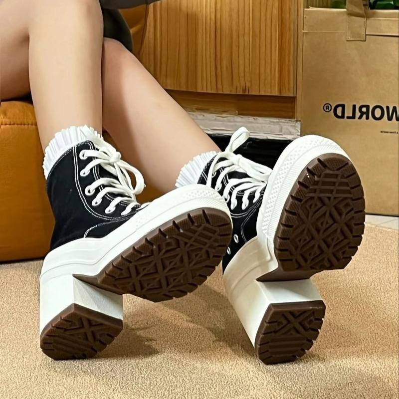 Fashion 2025 Women's Mid-tube Mid-heel Canvas Fashion Boots Spring and Autumn New Rubber Sole Lace-up Square Heel Anti-slip