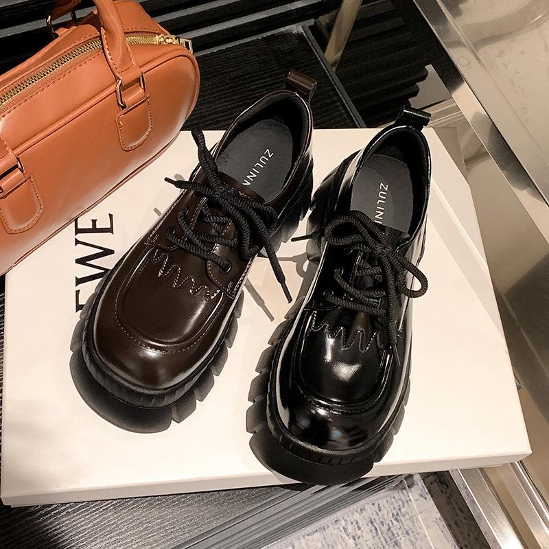 Small leather shoes women's British style new muffin platform women's shoes leather versatile thick heel single shoes increase height