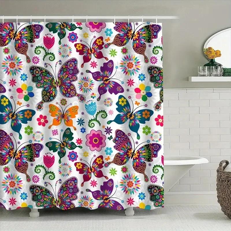 Butterfly Print Shower Curtain Family Bathroom Decoration Polyester Fabric Bathtub Curtain Bathroom Partition Room Decoration
