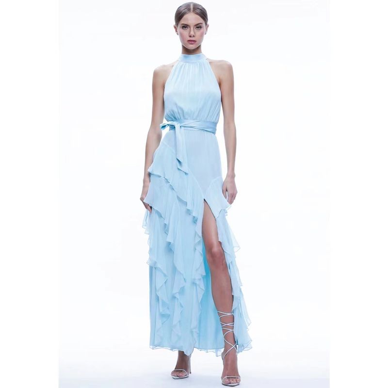 

European and American Summer New Leader Frill Patchwork Belt Waist Hugging Fashion Dress Blue XL