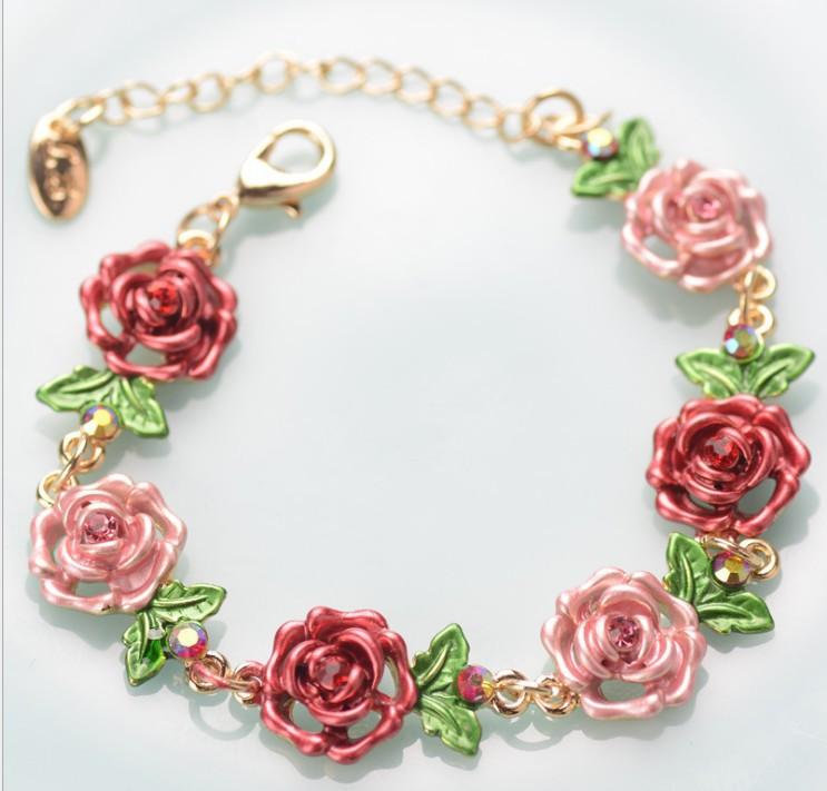 Bracelet Ethnique Rose en Alliage Vintage, Bijou de Poignet Floral Exagéré pour Femmes