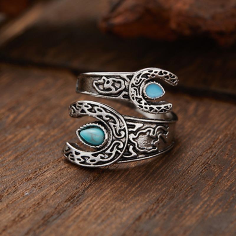 Bohemian Ethnic Style Creative Faux Turquoise Opening Adjustable Ring Women Retro Party Personality Jewelry Accessories