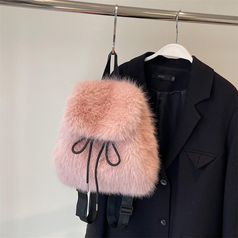 New plush backpack imitation rabbit fur backpack student girl large capacity drawstring casual solid color bag