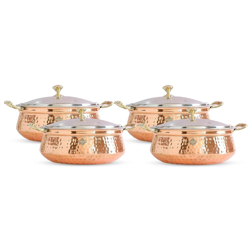 Steel Copper Hammered Design Handi/Bowl/Casserole with Toughened Glass Lid & Brass Knob & Handles, Volume-700 ml, Pack of 4