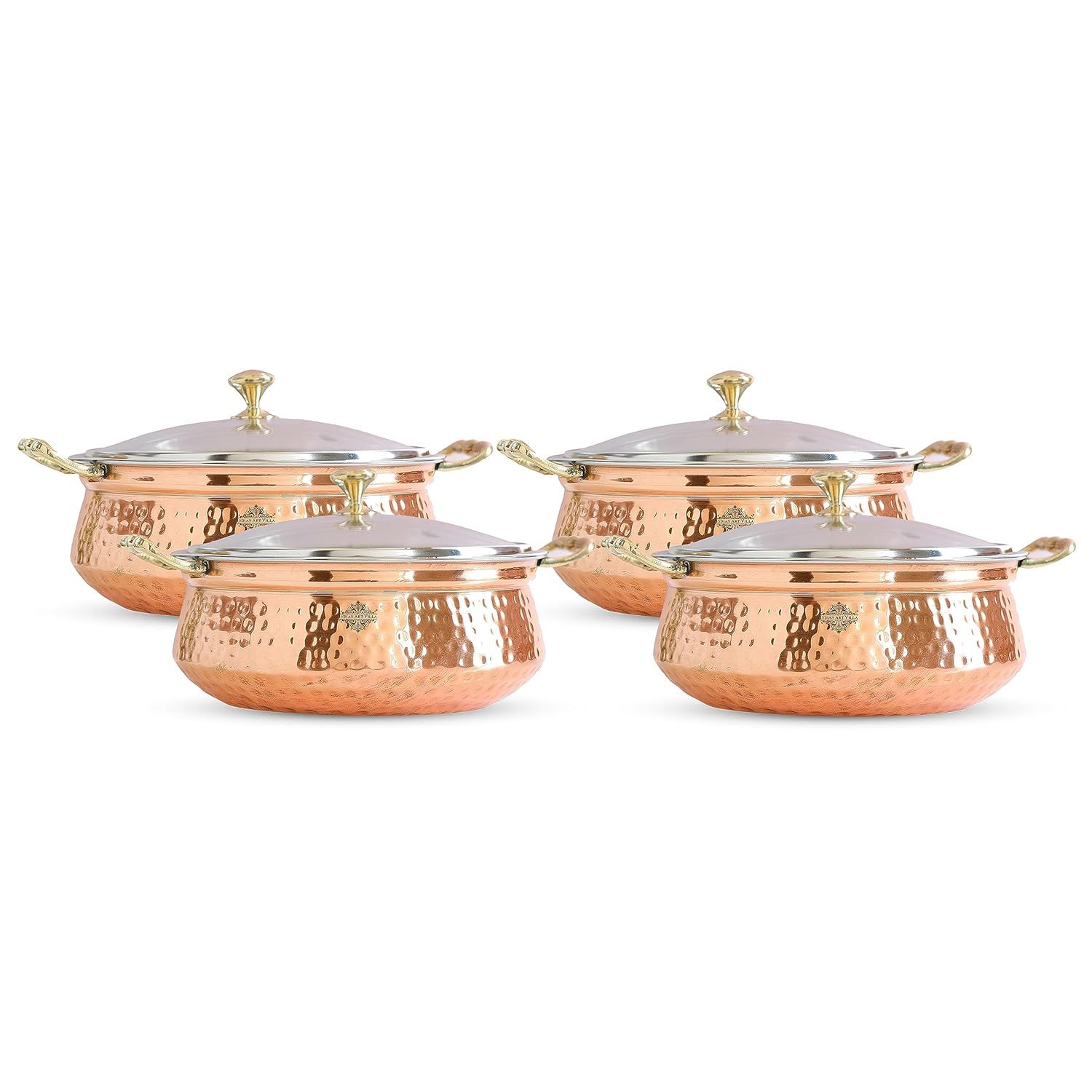 

Steel Copper Hammered Design Handi/Bowl/Casserole with Toughened Glass Lid & Brass Knob & Handles, Volume-400 ml, Pack of 4