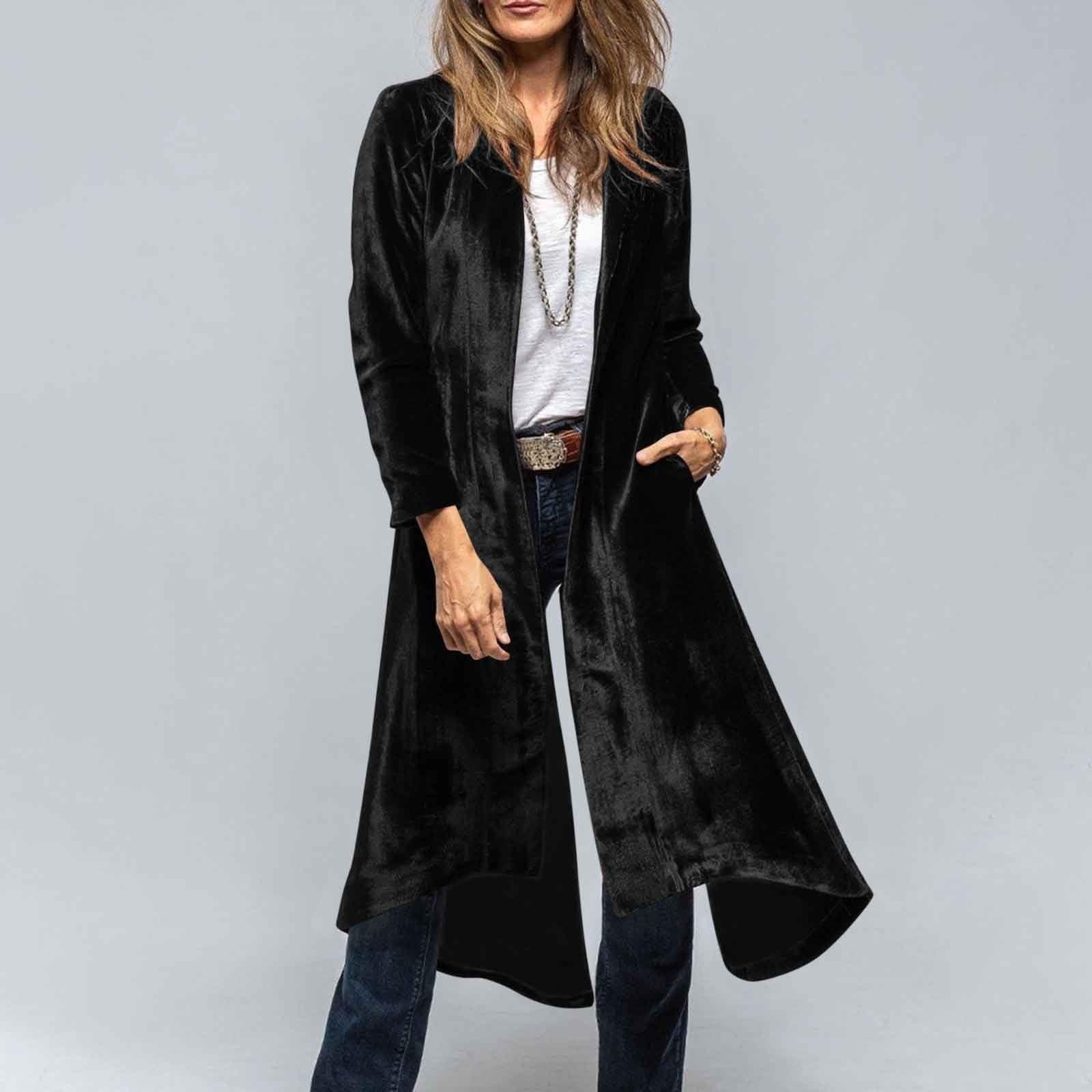 Women s Fashion Color Long Sleeved Cardigan Retro Slit Loose Windbreaker Jacket L чёрный