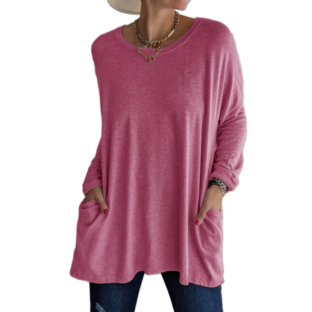 

GMXIA Женские модные повседневные летние однотонные блузки и рубашки с круглым вырезом и длинными рукавами с принтом XXXXXL кармин красный