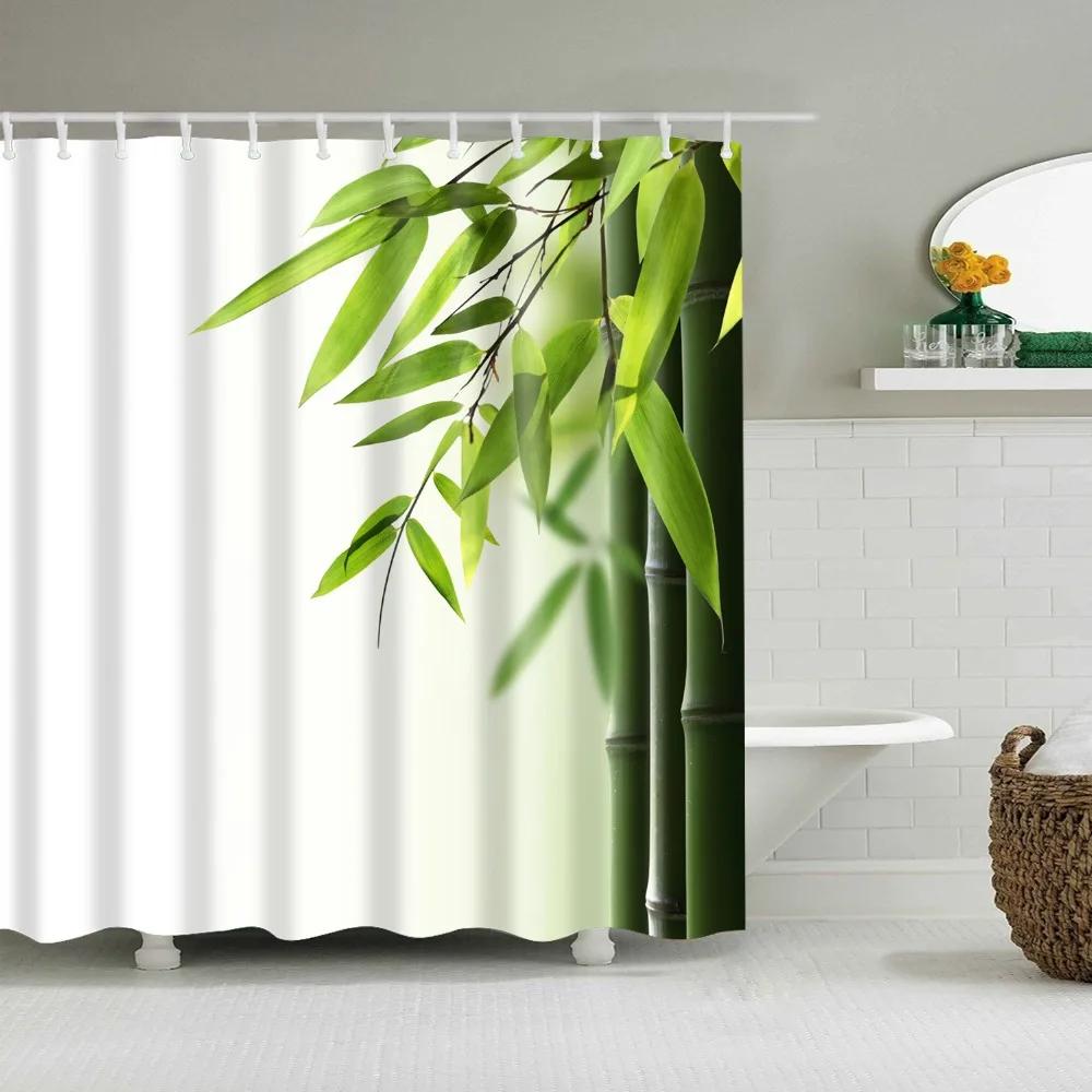 Waterproof Ink Painting Bamboo Leaves Bird Shower Curtains, Mountain Water Plant Landscape, Bathroom Curtain, Home Decor