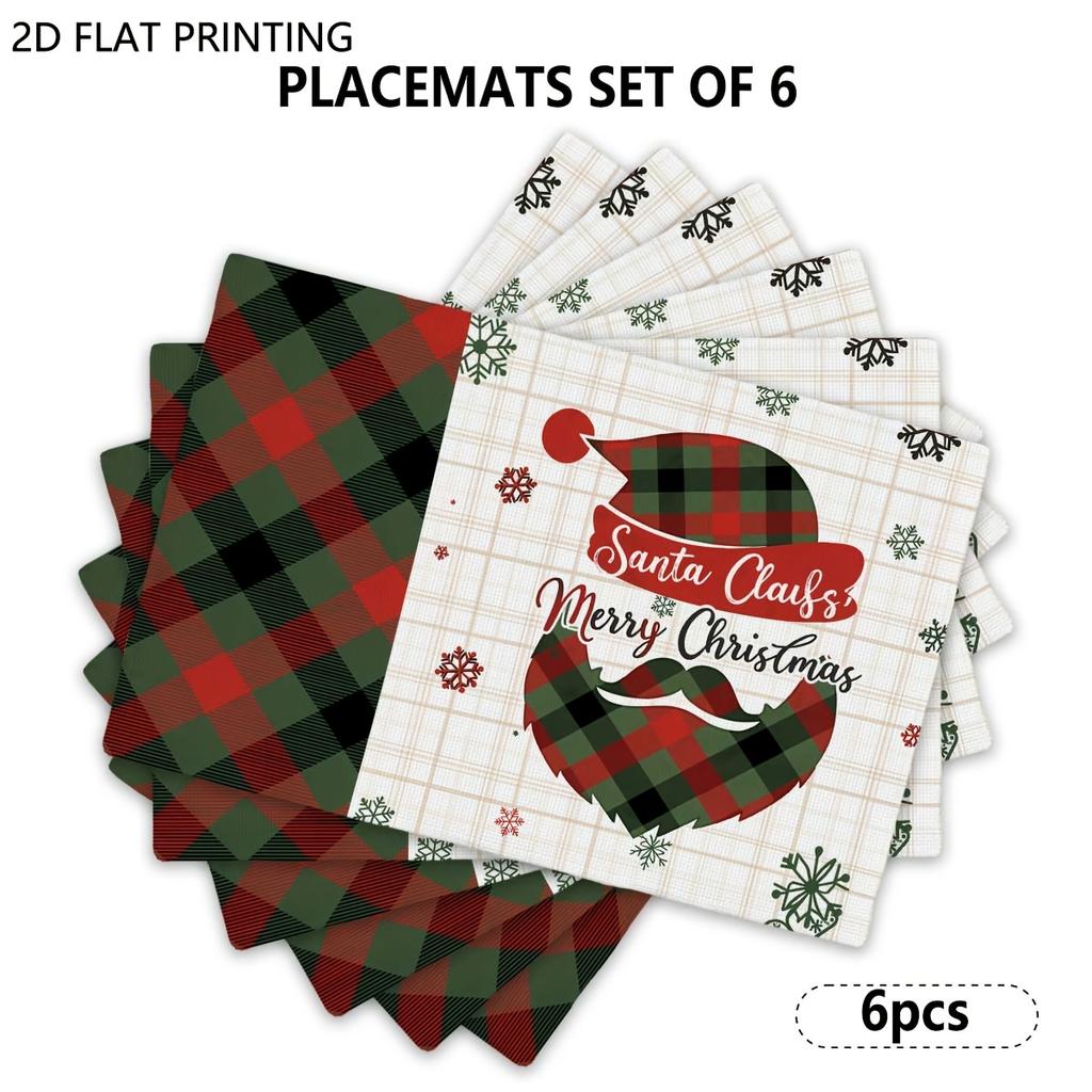 4pcs/6pcs Christmas Placemats, Plaid Santa Beard Kitchen Table Mat, Coffee Mat, Kitchen Dining Decoration, Home Decoration, Suitable for Daily Holiday