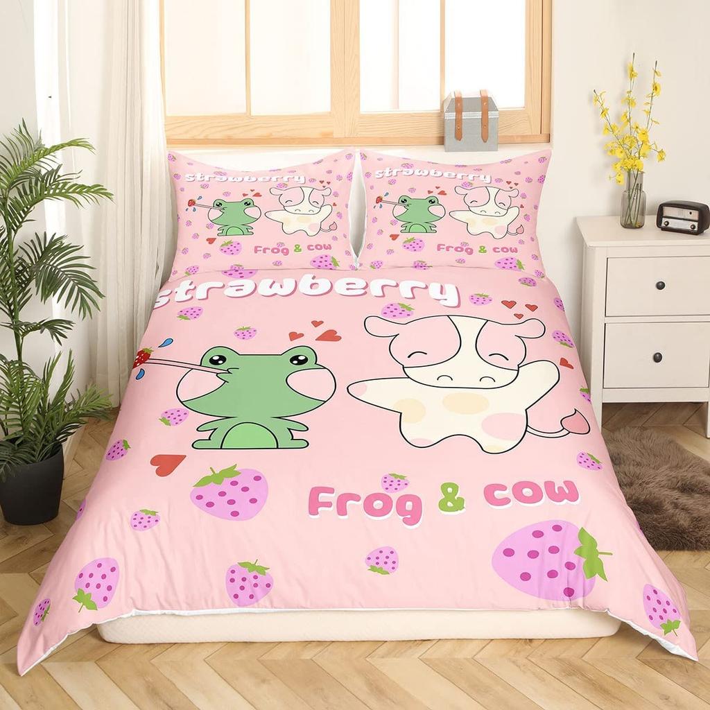 Frog Duvet Cover Set Cute Kawaii Cartoon Frog Pattern King Queen Size Polyester Comforter Cover With Pillowcase For Kids Girls