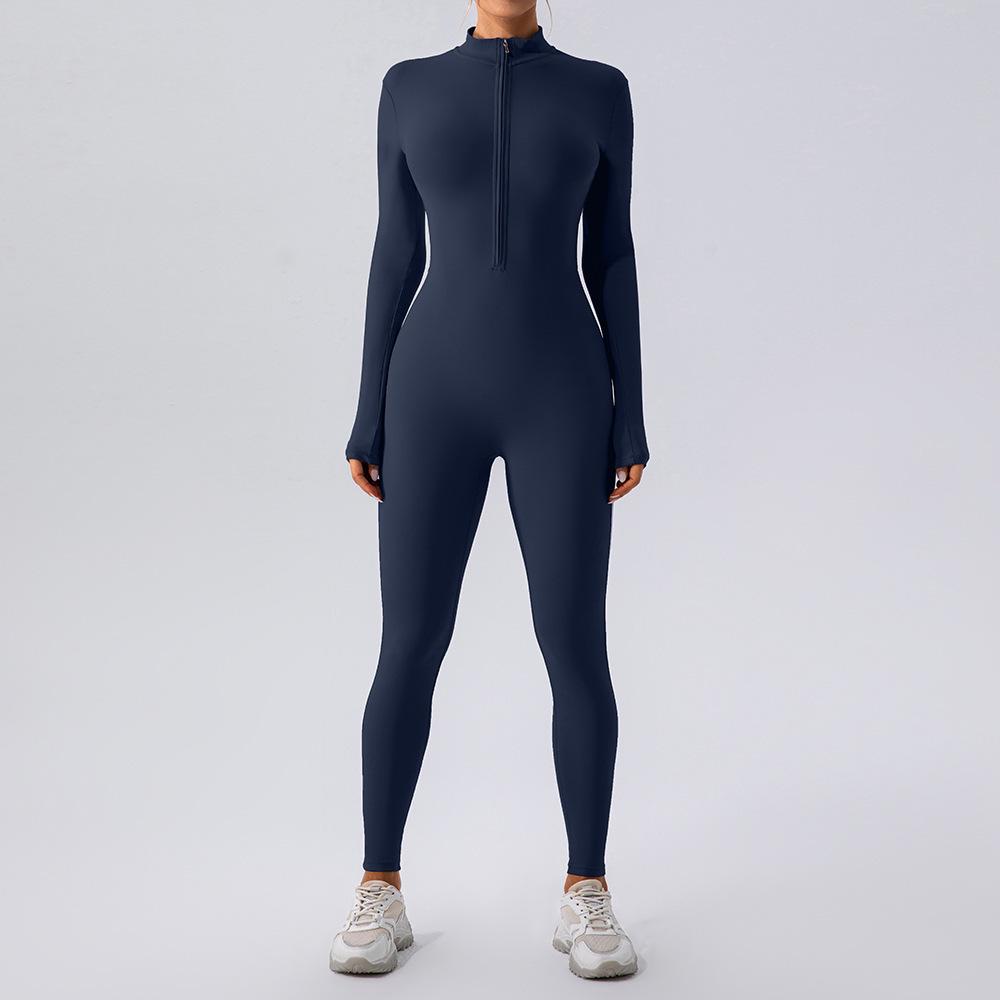 Tuta da Yoga Senza Cuciture a Manica Lunga con Zip e Pantaloncini Modellanti in Vita