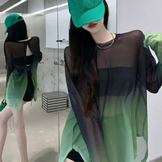 

WTEMPO Thin Loose-fitting Ice Silk Gradient Sun-protective T-shirts for Women s All Season Retro Elegant Sexy Back Lacing-up Casual Tops Streetwear One Size зелёный