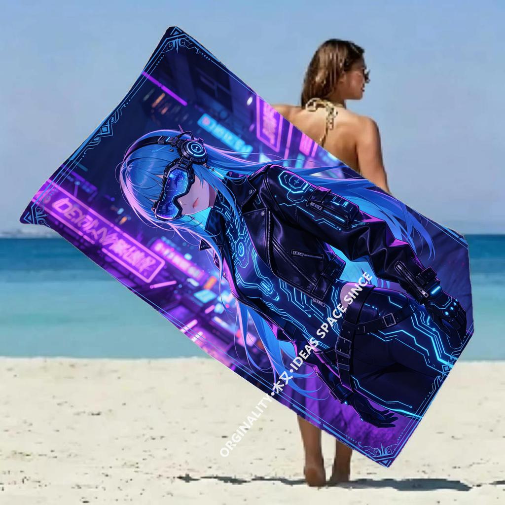 Cyberpunk Girl Printed Beach Towel Patterned Sunscreen And Windproof Suitable For Swimming Pool Camping Travel Blanket