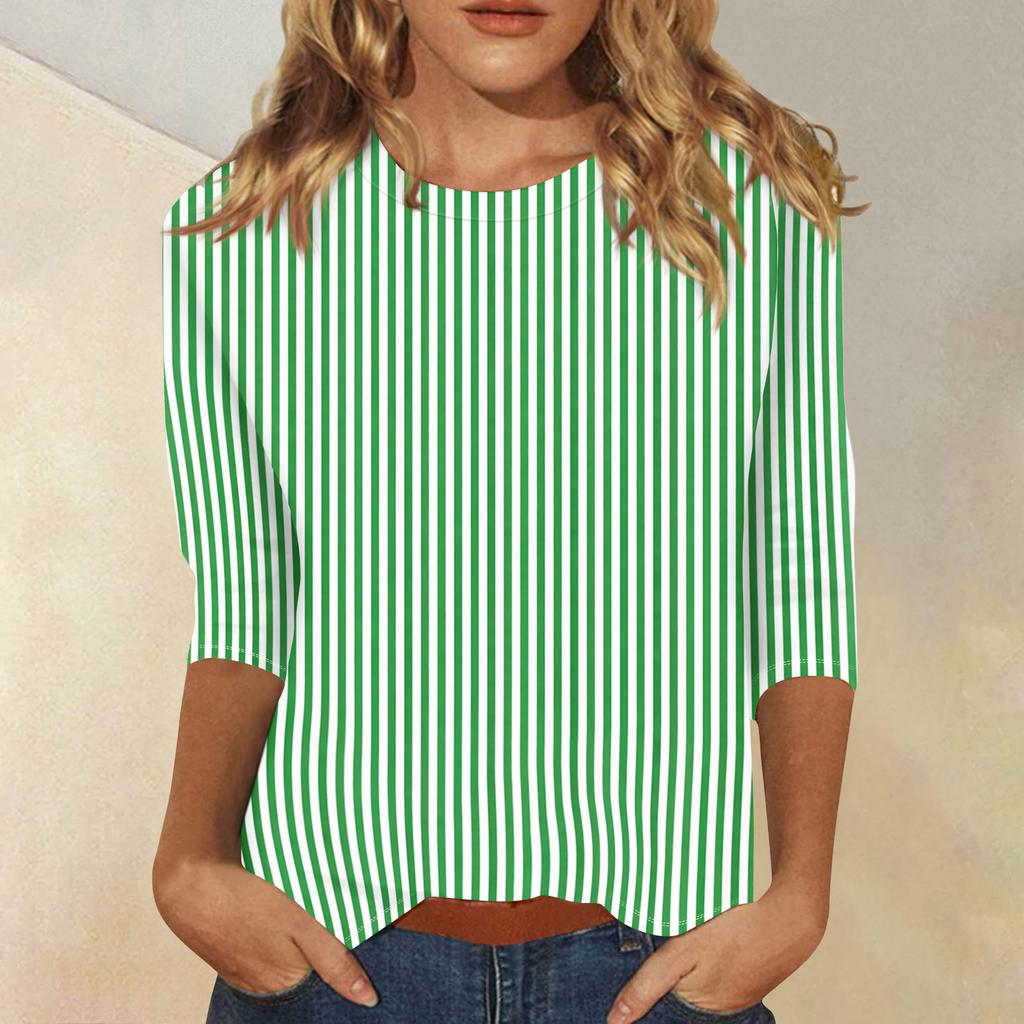 Women's Fashionable Casual Three-Quarter Sleeve Striped Print -Neck T-Shirt Top