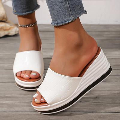 Zapatillas de Cuña de Cuero PU Blanco de Moda para Mujer Talla Grande Moda Peep Toe Plataforma Sandalias Mujer 2025 Verano Suela Gruesa Chanclas de Playa